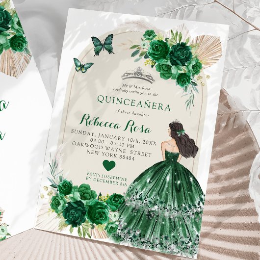 Boho Emerald Green Rose Princesa Quinceañera Einladung