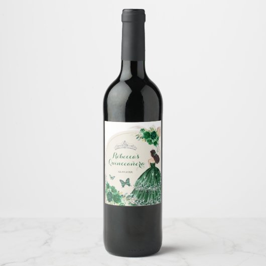 Boho Emerald Green Rose Princesa Quinceañera Weinetikett (Vorderseite)