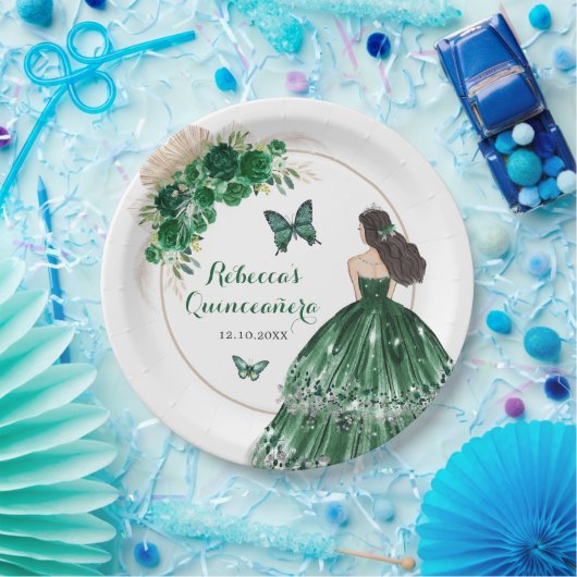 Boho Emerald Green Rose Princess Quinceañera Pappteller (Party)