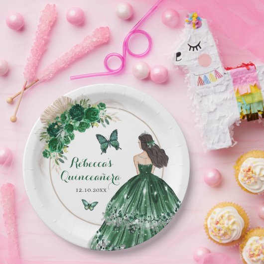 Boho Emerald Green Rose Princess Quinceañera Pappteller (Party)