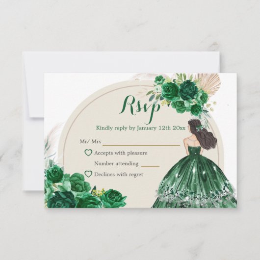 Boho Emerald Green Rose Princess Quinceañera RSVP Karte (Vorderseite)