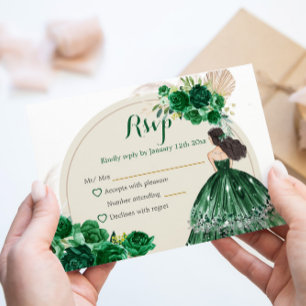 Boho Emerald Green Rose Princess Quinceañera RSVP Karte