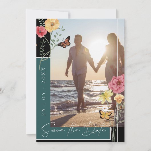 Boho Emerald Green Wildblumen Foto Save the Date (Vorderseite)