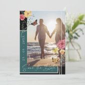 Boho Emerald Green Wildblumen Foto Save the Date (Stehend Vorderseite)