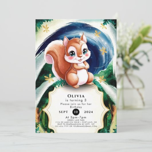 Boho Enchanted Eichhörnchen Geburtstag Einladung (Stehend Vorderseite)