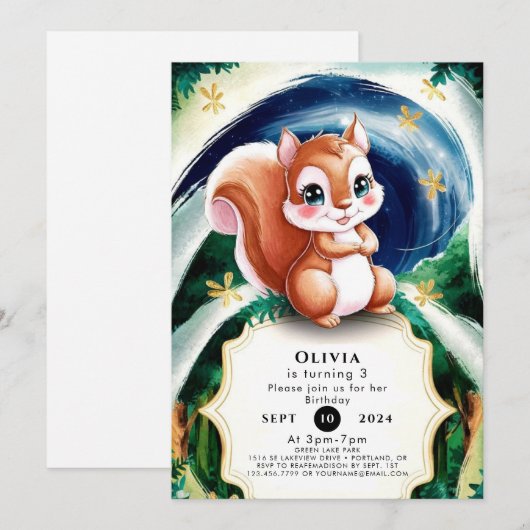 Boho Enchanted Eichhörnchen Geburtstag Einladung (Vorne/Hinten)