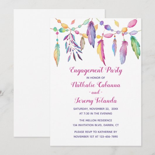 Boho Engagement Party Feathers Native American Einladung (Vorne/Hinten)