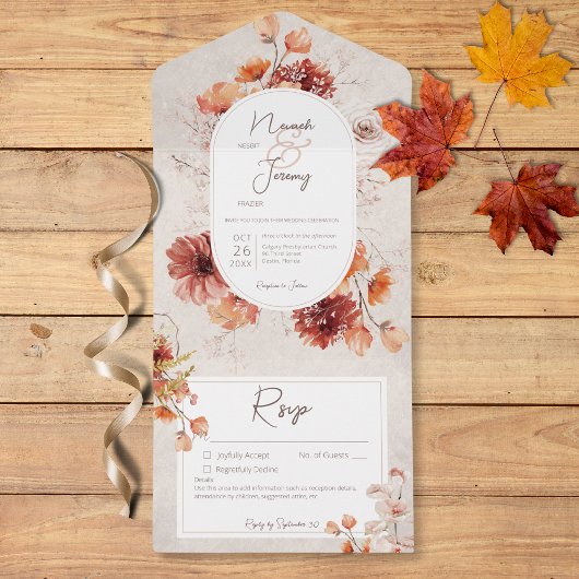 Boho entsetzte Creme Rust Fall Blumendetails All In One Einladung