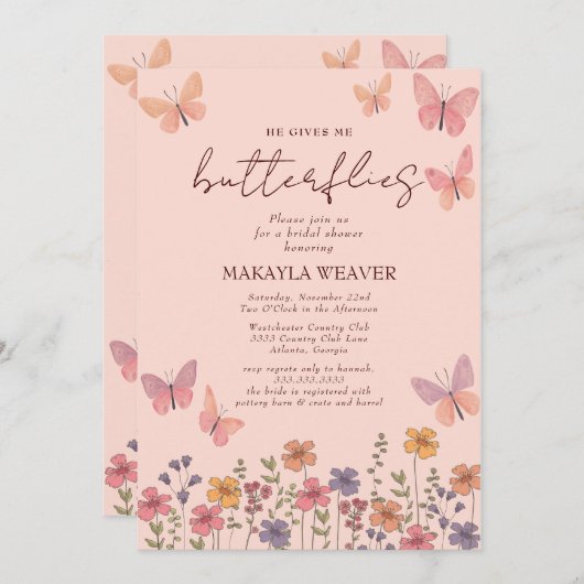 boho er gibt mir Schmetterlinge Blume Brautparty Einladung (Vorne/Hinten)