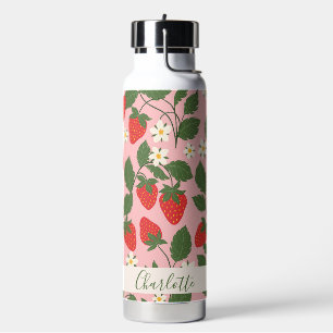 Boho-Erdbeeren Grün Pink Personalisierter Name Trinkflasche