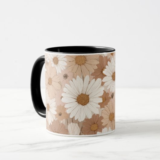 Boho-Erdfarbton-Gänseblümchen-Tan-Blumenmuster Tasse (Vorderseite Links)
