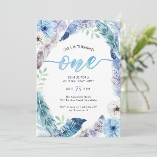 Boho erste Geburtstagsparty Einladung (Stehend Vorderseite)