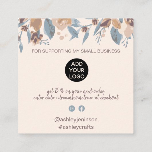 Boho erthy chic floral Aquarell Ordnung danke Quadratische Visitenkarte (Rückseite)