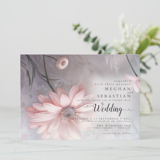 Boho Ethereal Pink Daisies Einladung (Stehend Vorderseite)