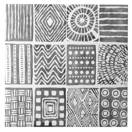 Boho Ethnic Keramik Tile - Schwarz-Weiß-Ornament Fliese (Vorderseite)