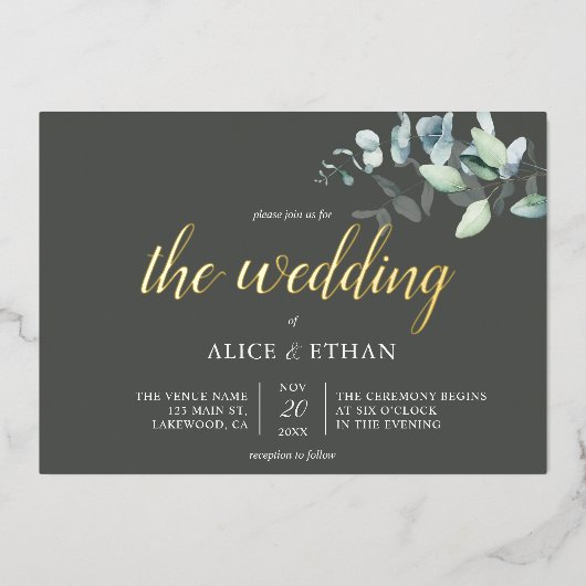 Boho Eucalyptus Blätter Wedding Foil Einladung (Vorderseite)