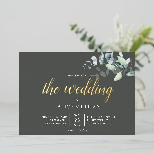 Boho Eucalyptus Blätter Wedding Foil Einladung (Stehend vorne)