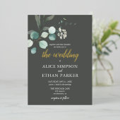 Boho Eucalyptus Blätter Wedding Foil Einladung (Stehend vorne)