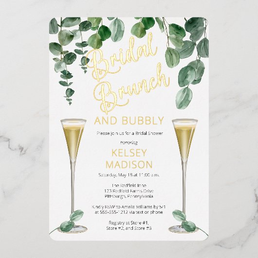 Boho Eucalyptus Champagne Bridal Brunch und Bubbly Folieneinladung (Vorderseite)