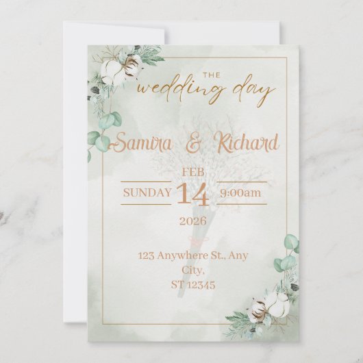 Boho Eucalyptus & Cotton Wedding Invitation Einladung (Vorderseite)