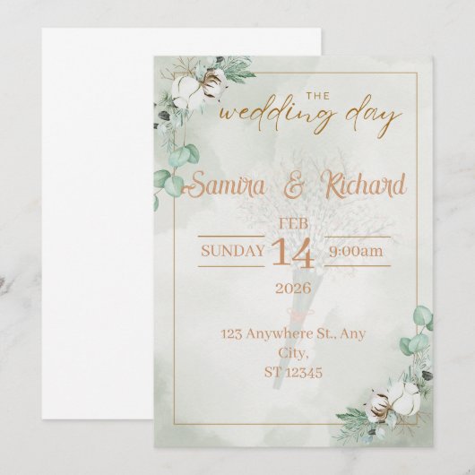 Boho Eucalyptus & Cotton Wedding Invitation Einladung (Vorne/Hinten)