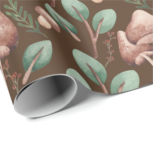 Boho Eucalyptus Forest Mushrooms Dark Brown Geschenkpapier (Rolleneckpunkt)