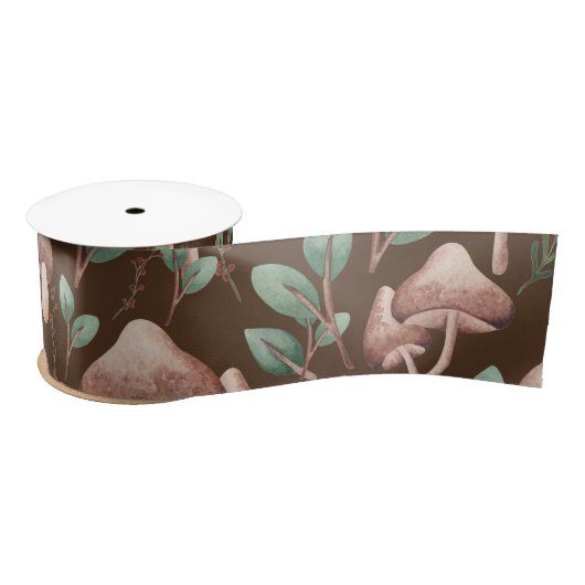 Boho Eucalyptus Forest Mushrooms Dark Brown Satinband (Spule)