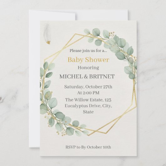 Boho Eucalyptus Greenery Gold Baby Showers Einladung (Vorderseite)