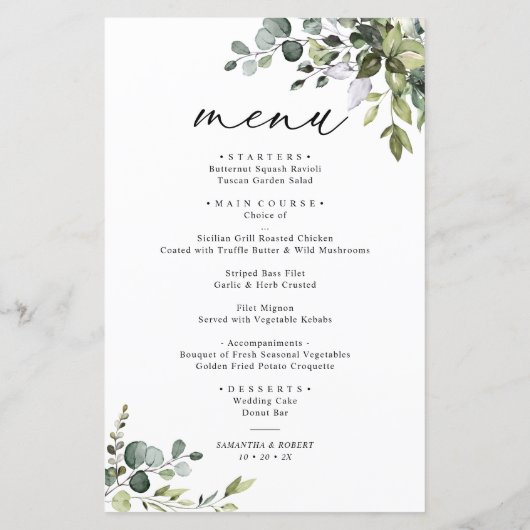 Boho Eucalyptus Greenery Simple Wedding Menu (Rückseite)