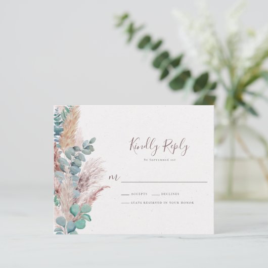 Boho Eucalyptus Natural Pampas Grass Wedding RSVP (Stehend Vorderseite)