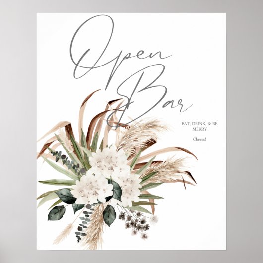 Boho Eucalyptus Pampas & Floral Open Bar Sign 2 Poster (Vorne)