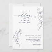 Boho Eucalyptus Springs Navy Blue & White Wedding Einladung (Vorderseite)