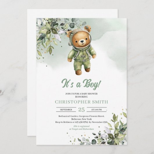 Boho eucalyptus teddy Bärenastronautin Einladung (Vorne/Hinten)