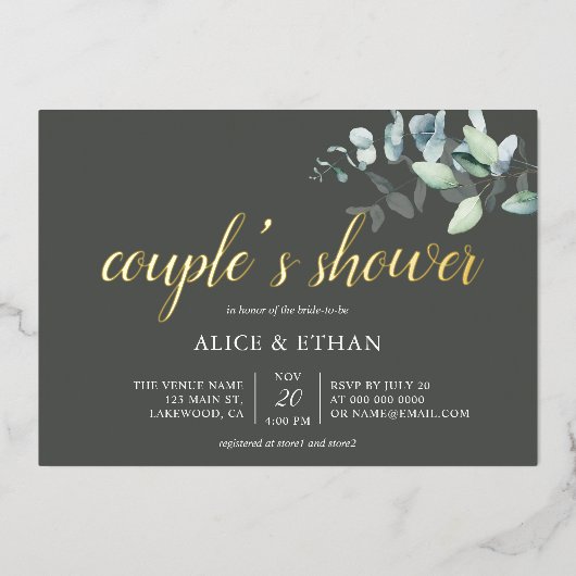 Boho Eucalyptus Verlasst Paare Dusche Foil Invitat Folieneinladung (Vorderseite)