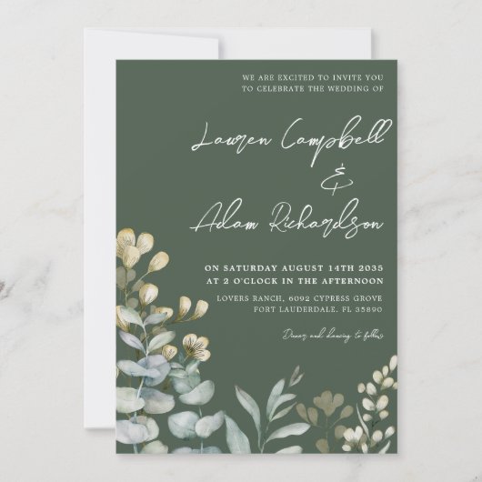 Boho Eucalyputus Dark Green Botanical Wedding Einladung (Vorderseite)