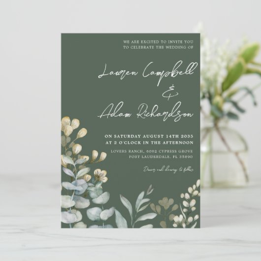 Boho Eucalyputus Dark Green Botanical Wedding Einladung (Stehend Vorderseite)
