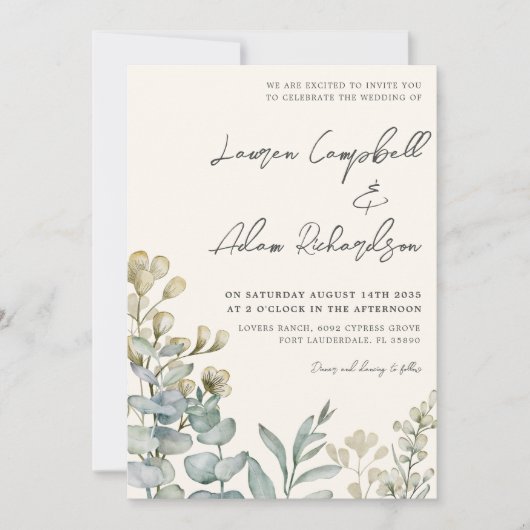 Boho Eucalyputus Sage & Beige Wedding Einladung (Vorderseite)
