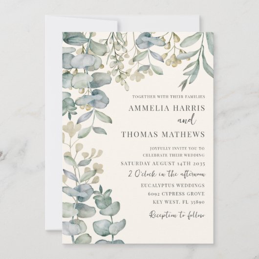 Boho Eucalyputus Sage Dusty Blue Botanical Wedding Einladung (Vorderseite)