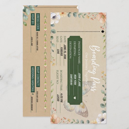 Boho-Eukalyptus-Blumen-Boarding-Pass-Hochzeits-Ein Save The Date (Vorne/Hinten)