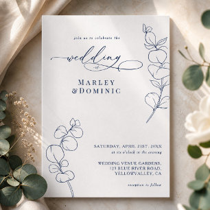 Boho-Eukalyptus-Federblüten-Hochzeit in Navyblau u Einladung