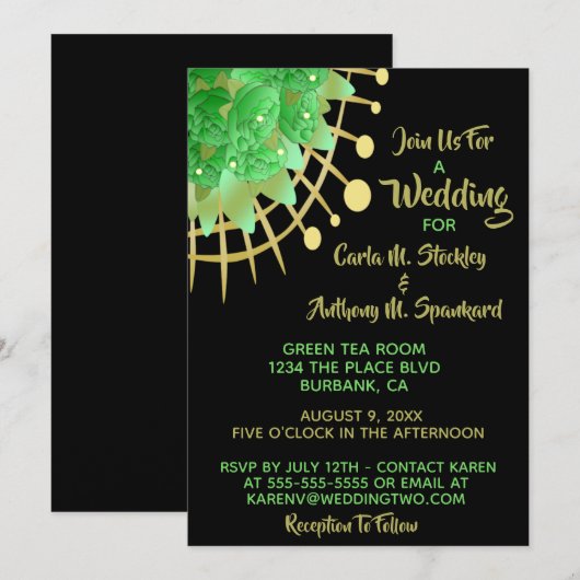 Boho Eukalyptus Greenery Black & Gold Wedding Einladung (Vorne/Hinten)