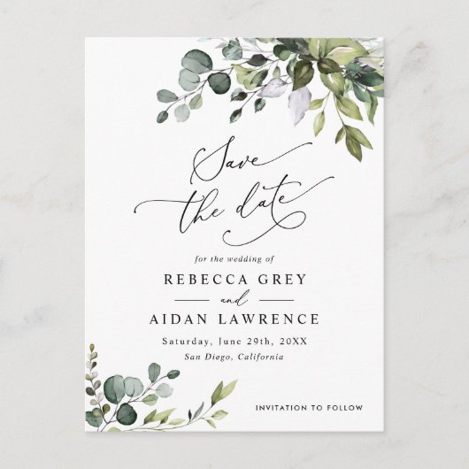 Boho Eukalyptus Greenery Wedding Save the Date Postkarte (Vorderseite)