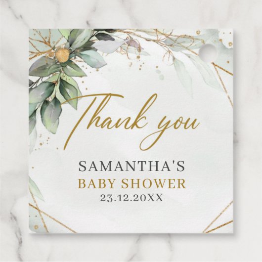 Boho Eukalyptus-Grünflächen Zweige Goldbabydusche Geschenkanhänger (Rückseite)