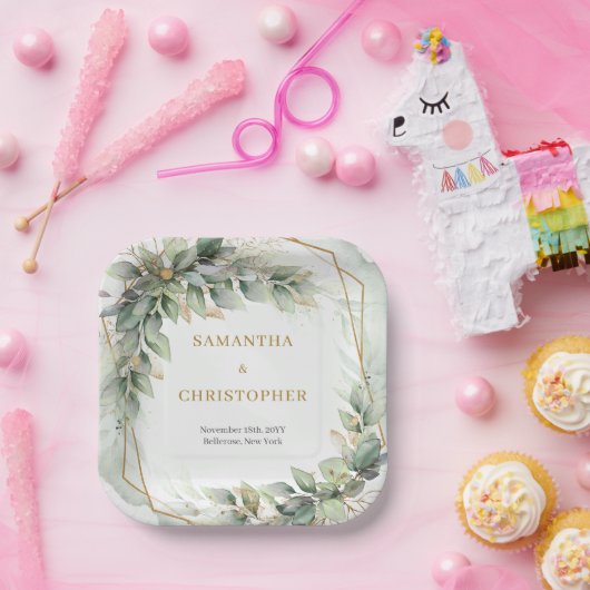 Boho Eukalyptus grünt Zweige Goldhochzeit Pappteller (Party)