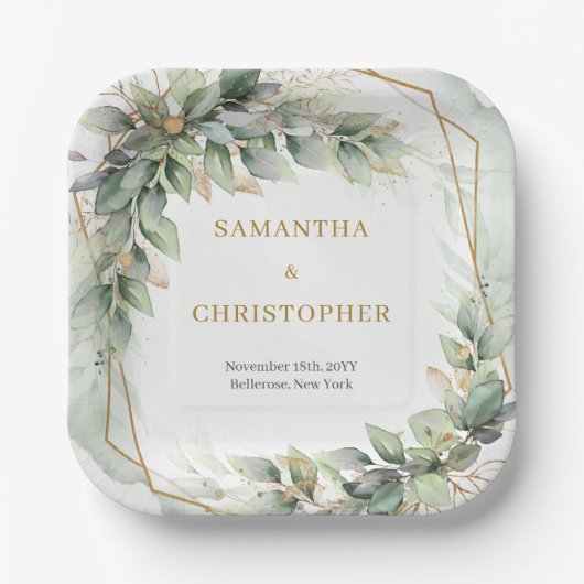 Boho Eukalyptus grünt Zweige Goldhochzeit Pappteller (Vorderseite)