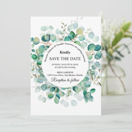 Boho-Eukalyptus-Grünzeug Sommerhochzeit Save The Date (Stehend Vorderseite)