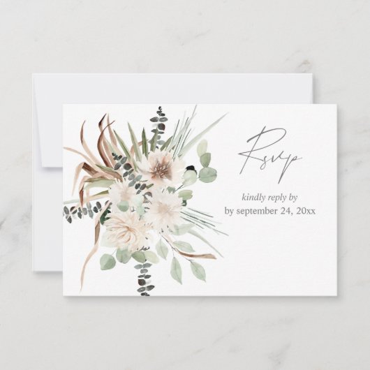 Boho Eukalyptus Palm Leaf & Beige Floral mit Mahlz RSVP Karte (Vorderseite)