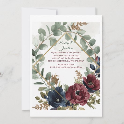 Boho-Eukalyptus- und dunkelrote Blumen-Hochzeitsei Einladung (Vorderseite)