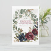 Boho-Eukalyptus- und dunkelrote Blumen-Hochzeitsei Einladung (Stehend Vorderseite)