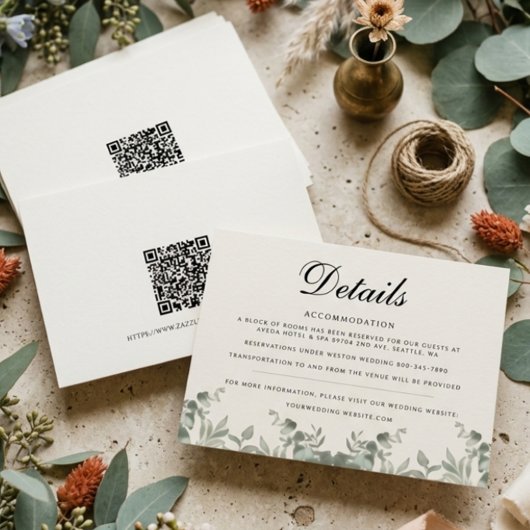 Boho-Eukalyptusblätter mit QR-Code Hochzeitsdetail Mitteilungskarte